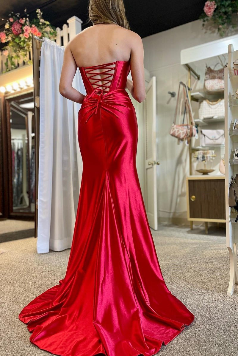 Nadia |Mermaid Strapless Satin Long Prom Dress With Slit