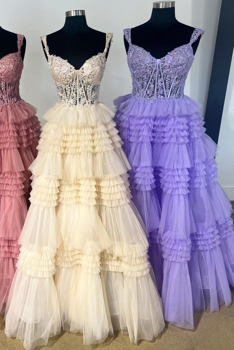 Elina | Red Tulle Off-the-Shoulder Ruffle Tiered Long Prom Dress