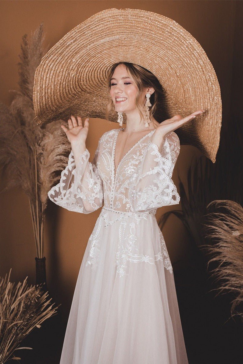 A-Line Lace Top Flare Sleeves Open Back Wedding Dress