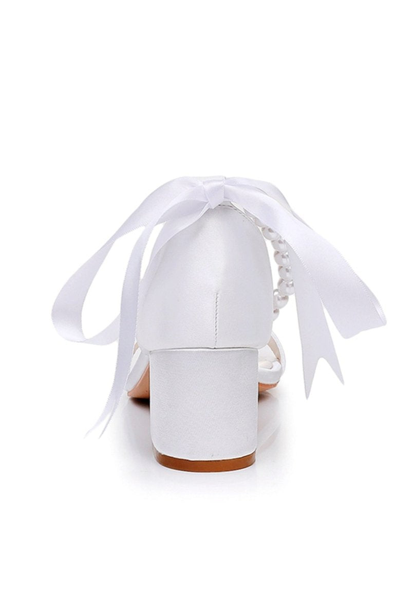 Single Strap Chunky Heels Sandals with Beaded Ribbons - KissProm