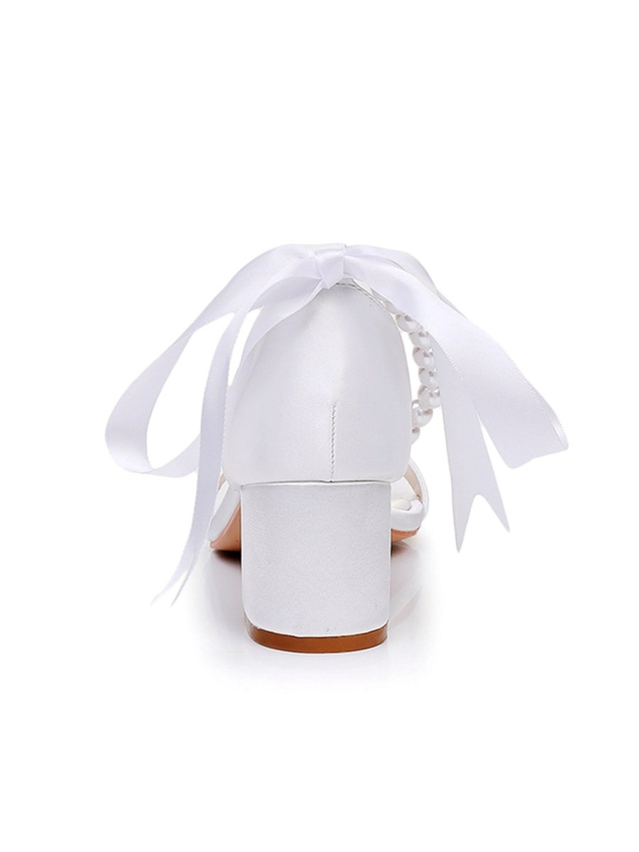 Single Strap Chunky Heels Sandals with Beaded Ribbons - KissProm