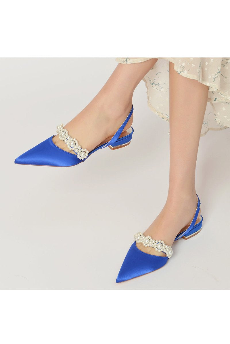 Satin Pointed Toe Pearl Kitten Heels - KissProm