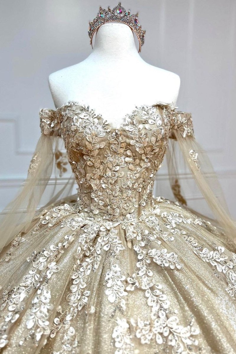 Alejandra | Glamorous Gold Sweetheart Quinceanera Dress with Cape Sleeves