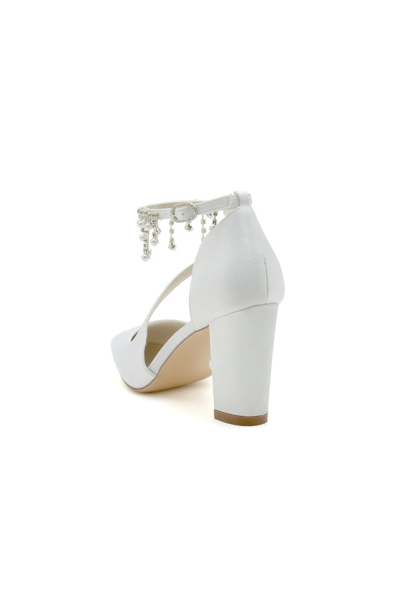 White Satin Pump with Pearl - Embedded Chain Heel - KissProm