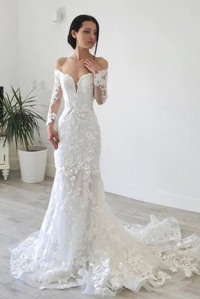 Elegant Mermaid Long Sleeve Off the Shoulder Lace Wedding Dress