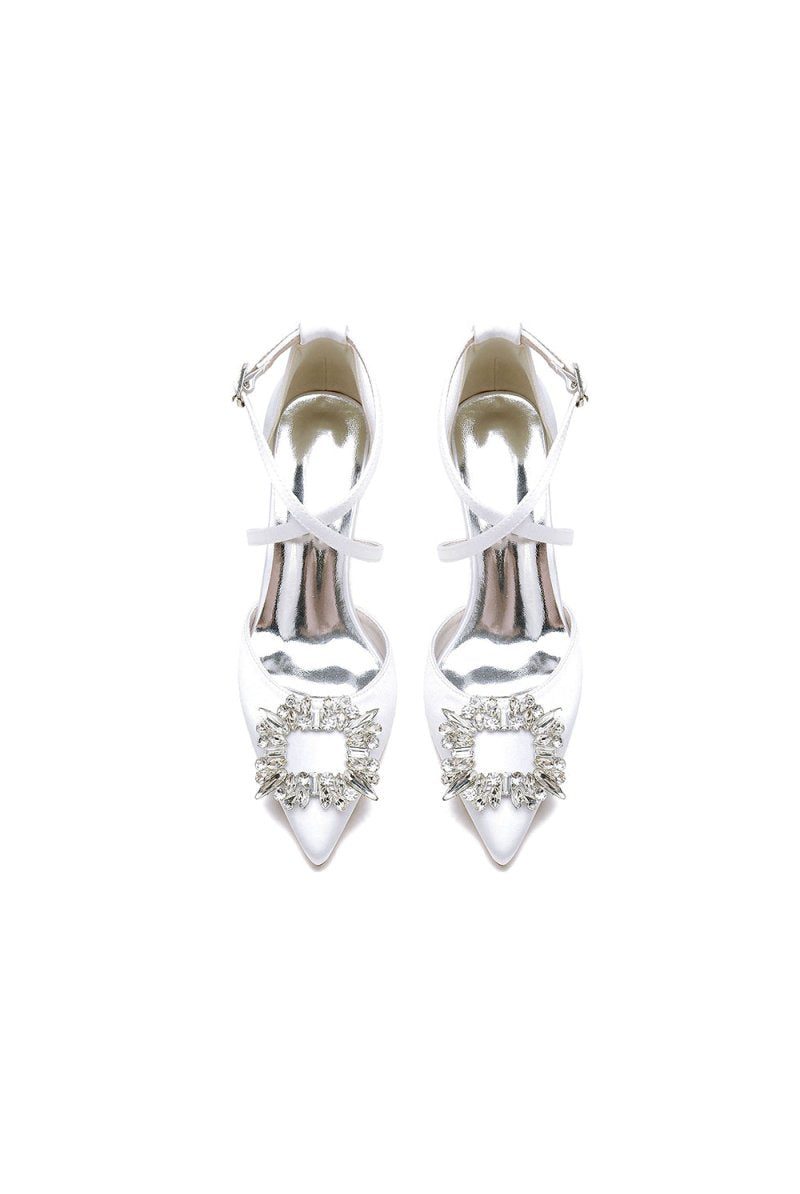 White Satin Pump with Crystal - Embellished Cross - Strap - KissProm