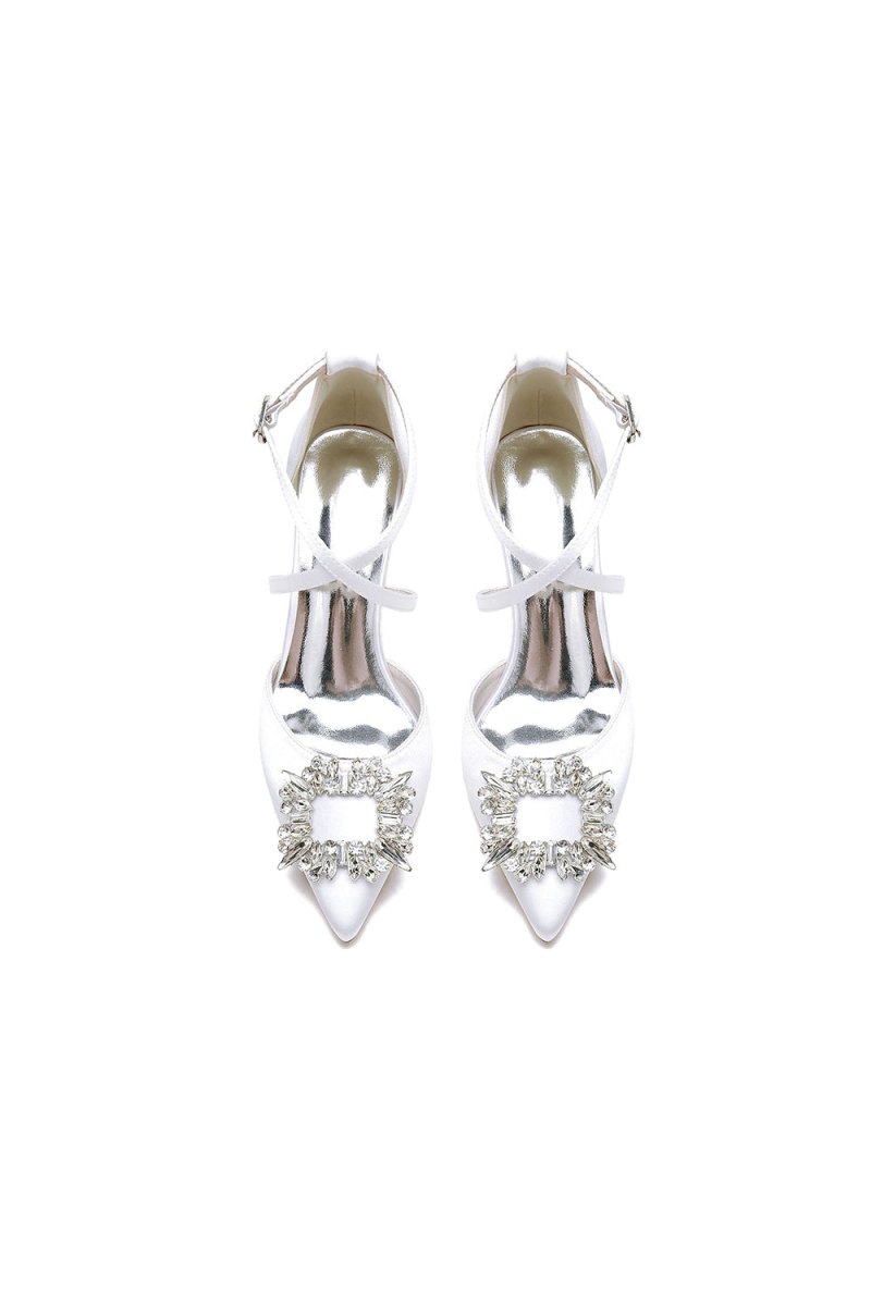 White Satin Pump with Crystal - Embellished Cross - Strap - KissProm