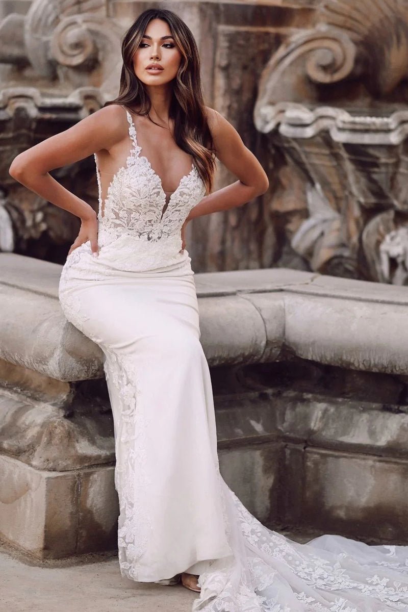 Champagne Two Piece V Neck Satin Wedding Dress with Appliques LBQW0004 main image 0