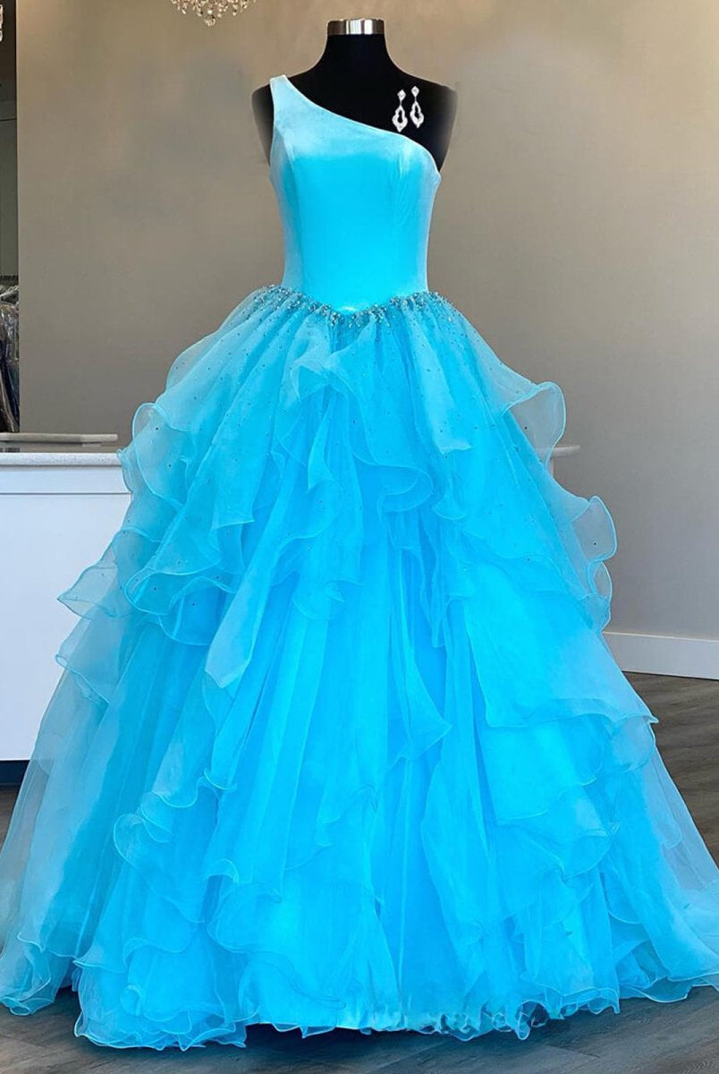 Belinda | Ruffle One Shoulder Royal Blue Velvet Top Long Formal Dress - KissProm