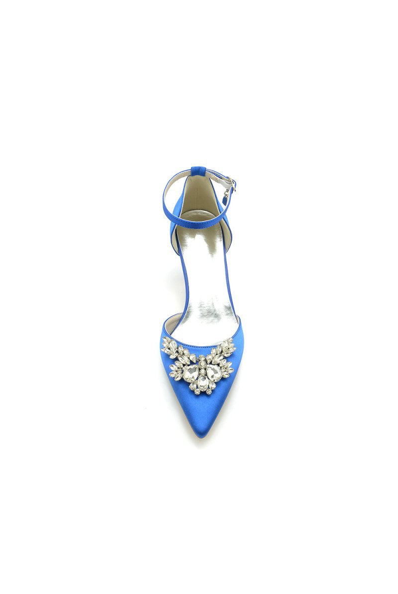 Pointed Toe Satin Kitten Heels With Rhinestone - KissProm
