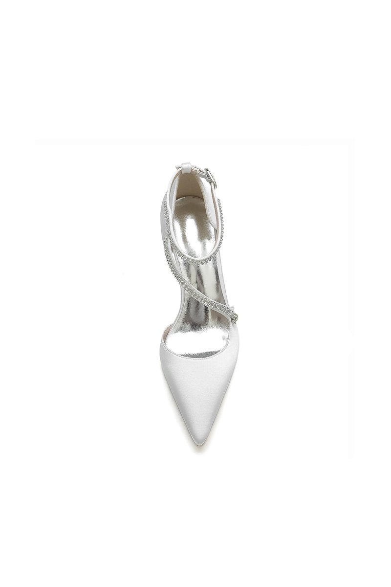 White Satin Pump with Cross - Strap and Beaded Buckle - KissProm