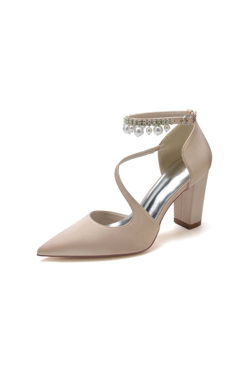 White Satin Heels with Cross - Strap Design and Pearl - Accented Buckle - KissProm