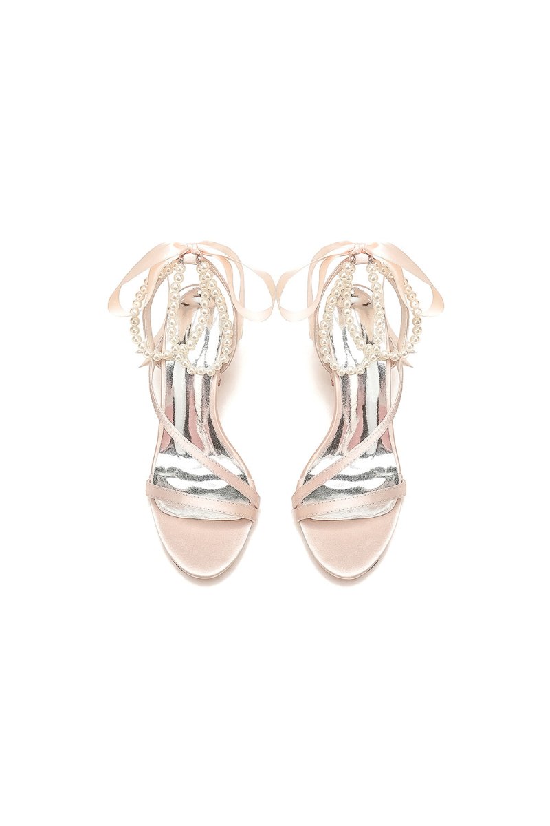 Pearl Open Toe Ankle Strap High Heels - KissProm