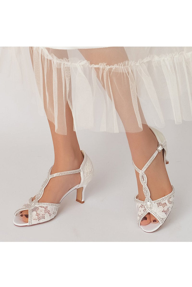Ivory Leather Heels Adorned with Lace and Rhinestone Accents - KissProm