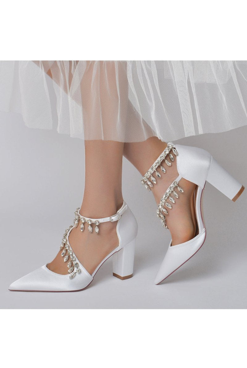 White High Heels with Chain and Crystal Accent - KissProm
