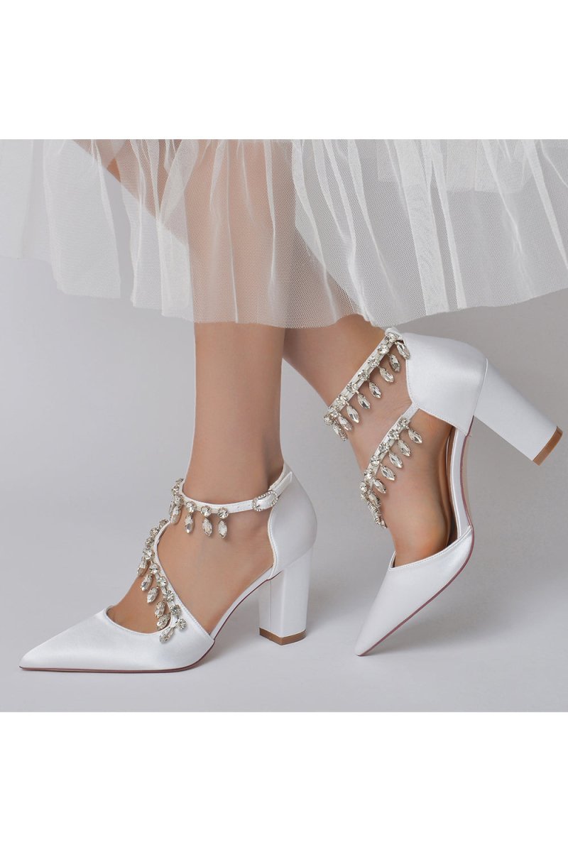 White High Heels with Chain and Crystal Accent - KissProm