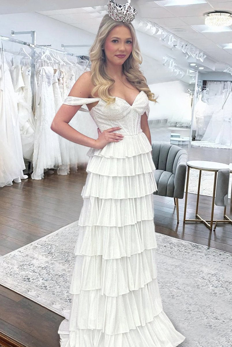 Verve | A Line V Neck Satin Tiered Long Prom Dresses With Beads - KissProm