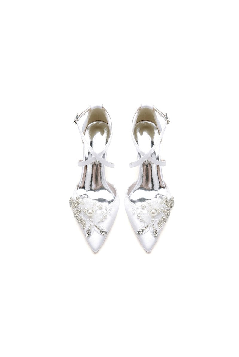White Silk Pump with Handcrafted Flower and Crystal Embellishments - KissProm