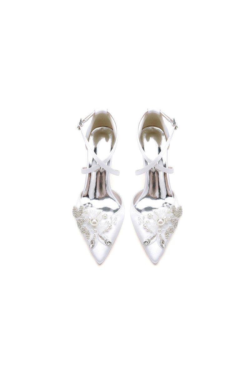 White Silk Pump with Handcrafted Flower and Crystal Embellishments - KissProm