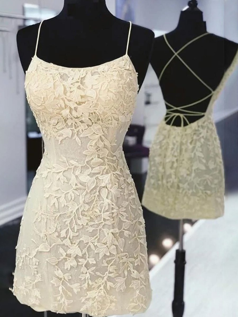 Amari |Sheath Spaghetti Straps Lace Short Homecoming & Cocktail Dresses – Homecoming Dress by KissProm | Available at KissProm