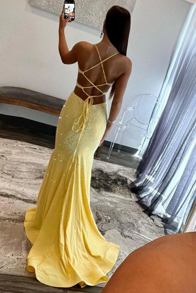 Glint | Sparkly Mermaid V Neck Yellow Sequins Long Prom Dresses - KissProm