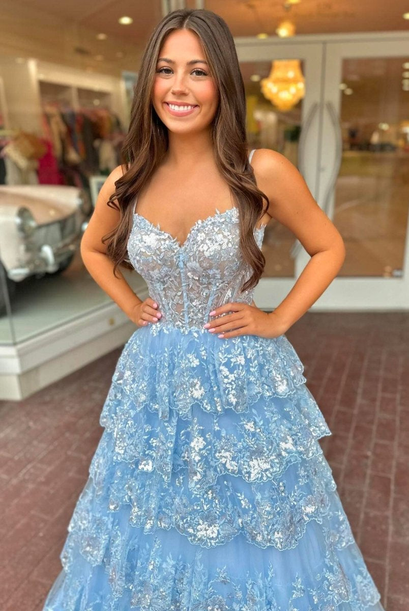 Maryam |A Line Spaghetti Straps Tiered Lace Prom Dress