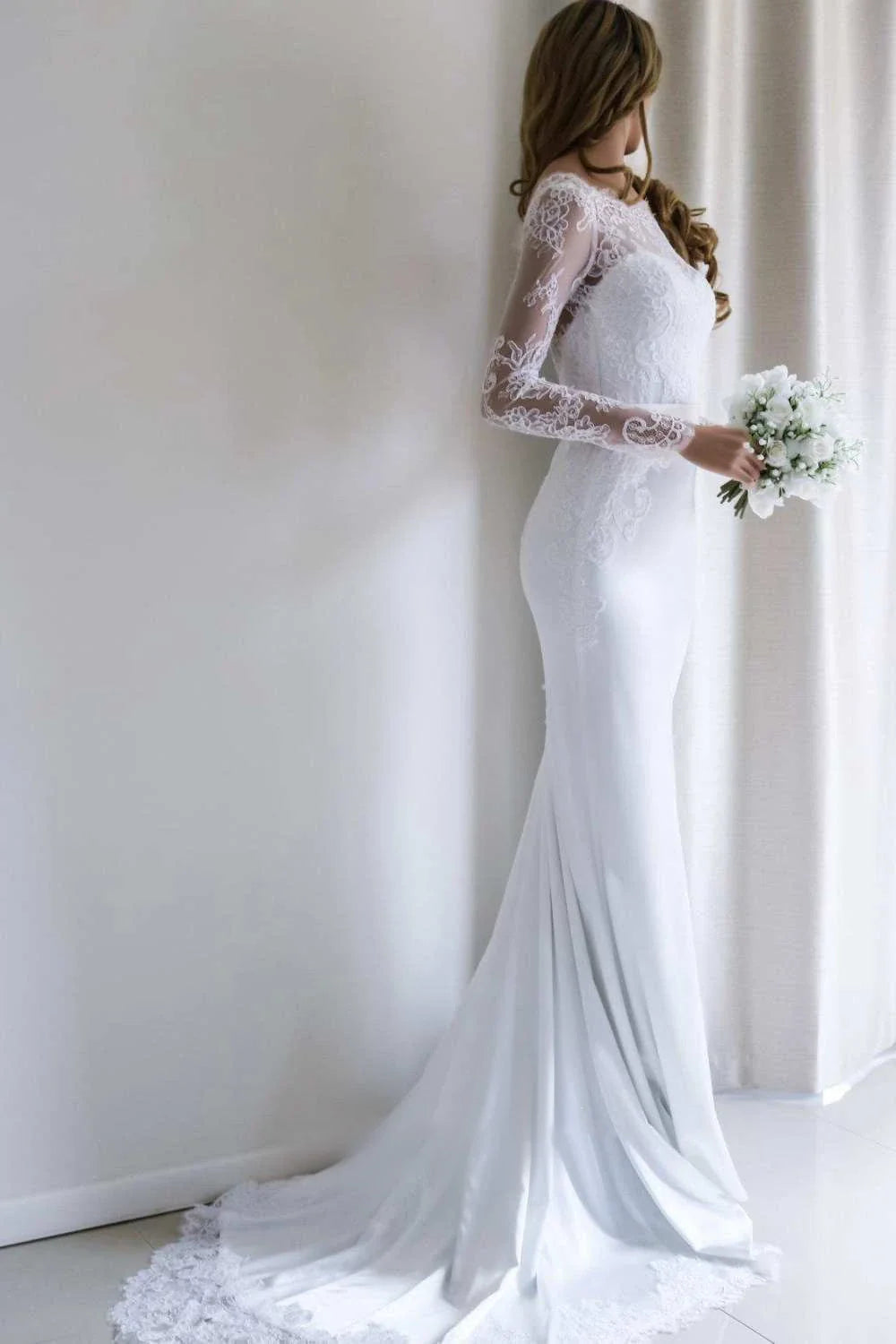 Bateau Lace Long Sleeve Sheath Chiffon Wedding Dress with Sweep Train, Champagne / 8