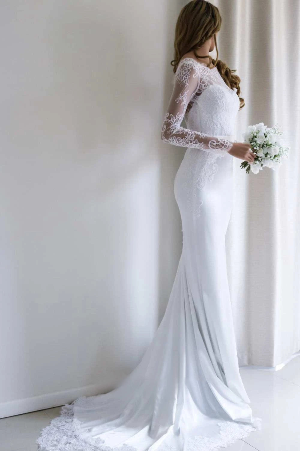 Bateau Lace Long Sleeve Sheath Chiffon Wedding Dress With Sweep Train