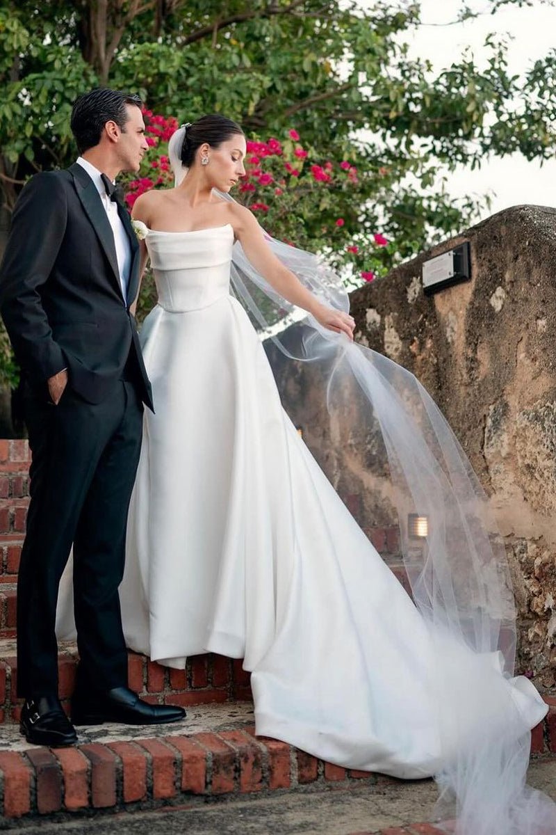 navy blue dress for baby girl Off Shoulder Timeless Satin Sweetheart A-Line Wedding Gown main image 1