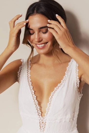 Bohemian Lace Tulle Plunging Neckline A Line Floor-length Deep-V Back Wedding Dress