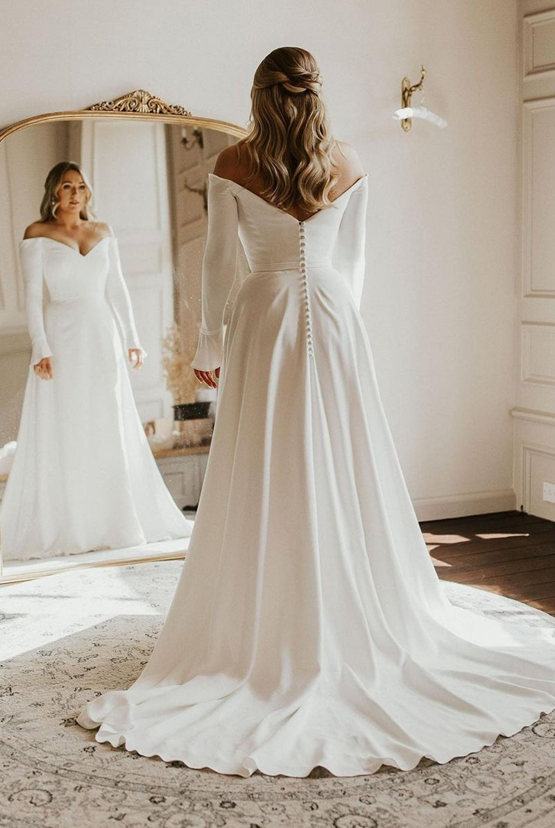 Simple A-Line Off the Shoulder Long Sleeves White Satin Wedding Dresses