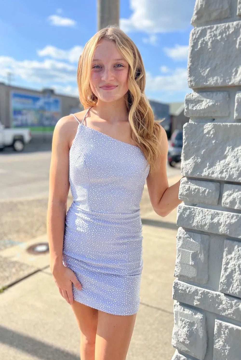 Aurielle | Sheath One Shoulder Lace Up Tight Beaded Homecoming Dress