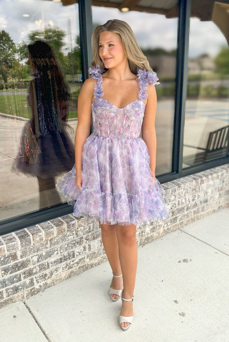 Xella | Cute A - Line Sweetheart Lavender Floral Printed Short Homecoming Dresses - KissProm