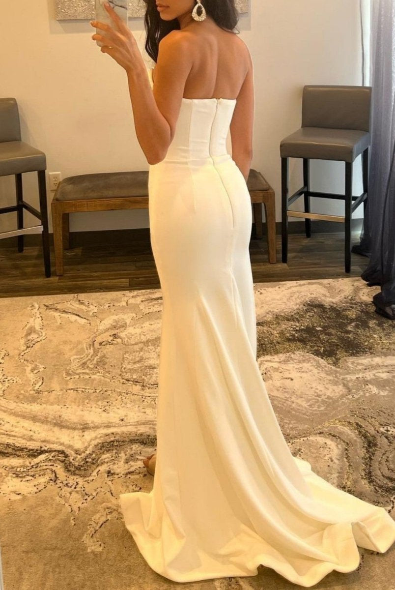 White Strapless V Neck Long Prom Dress With Slit - KissProm
