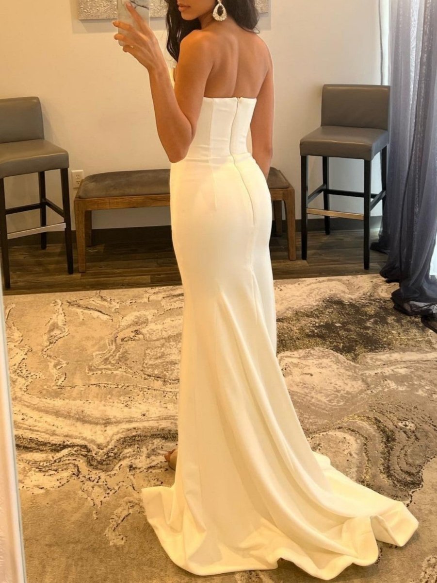 White Strapless V Neck Long Prom Dress With Slit - KissProm