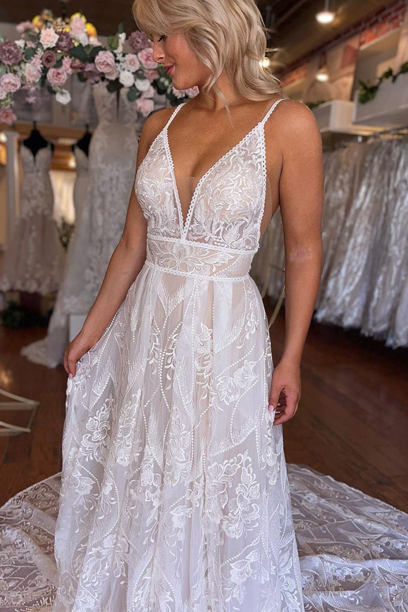 Boho A-Line V Neck Lace V Neck Wedding Dresses, Diamond White / 4 Boho A-Line V Neck Lace V Neck Wedding Dresses, Diamond White / 4