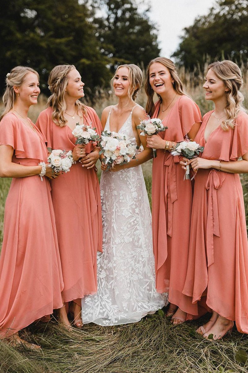 white christmas dresses Simple A-Line Coral Chiffon Long Bridesmaid Dresses, Pink / 12