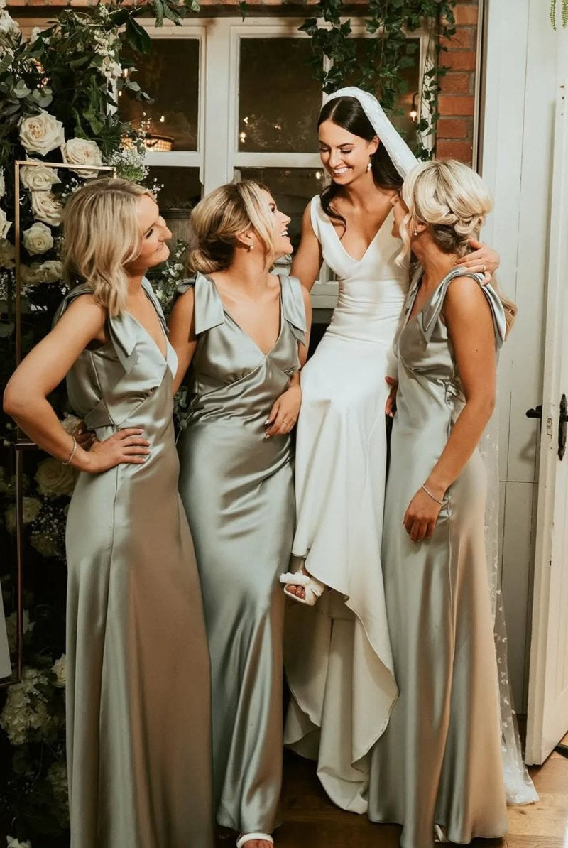 Sheath V Neck Sage Green Silk Satin Bridesmaid Dress with Bow