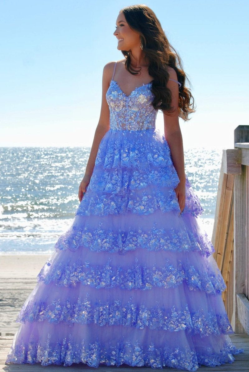 Maryam |A Line Spaghetti Straps Tiered Lace Prom Dress