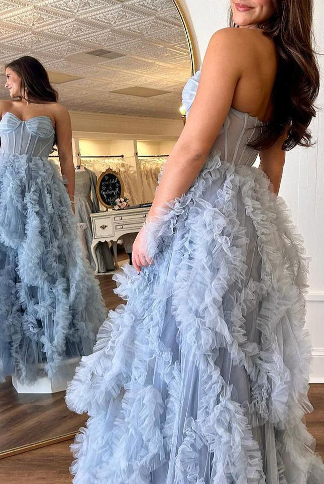 Blue Strapless Ruffle Tulle A-Line Long Prom Dresses with Slit