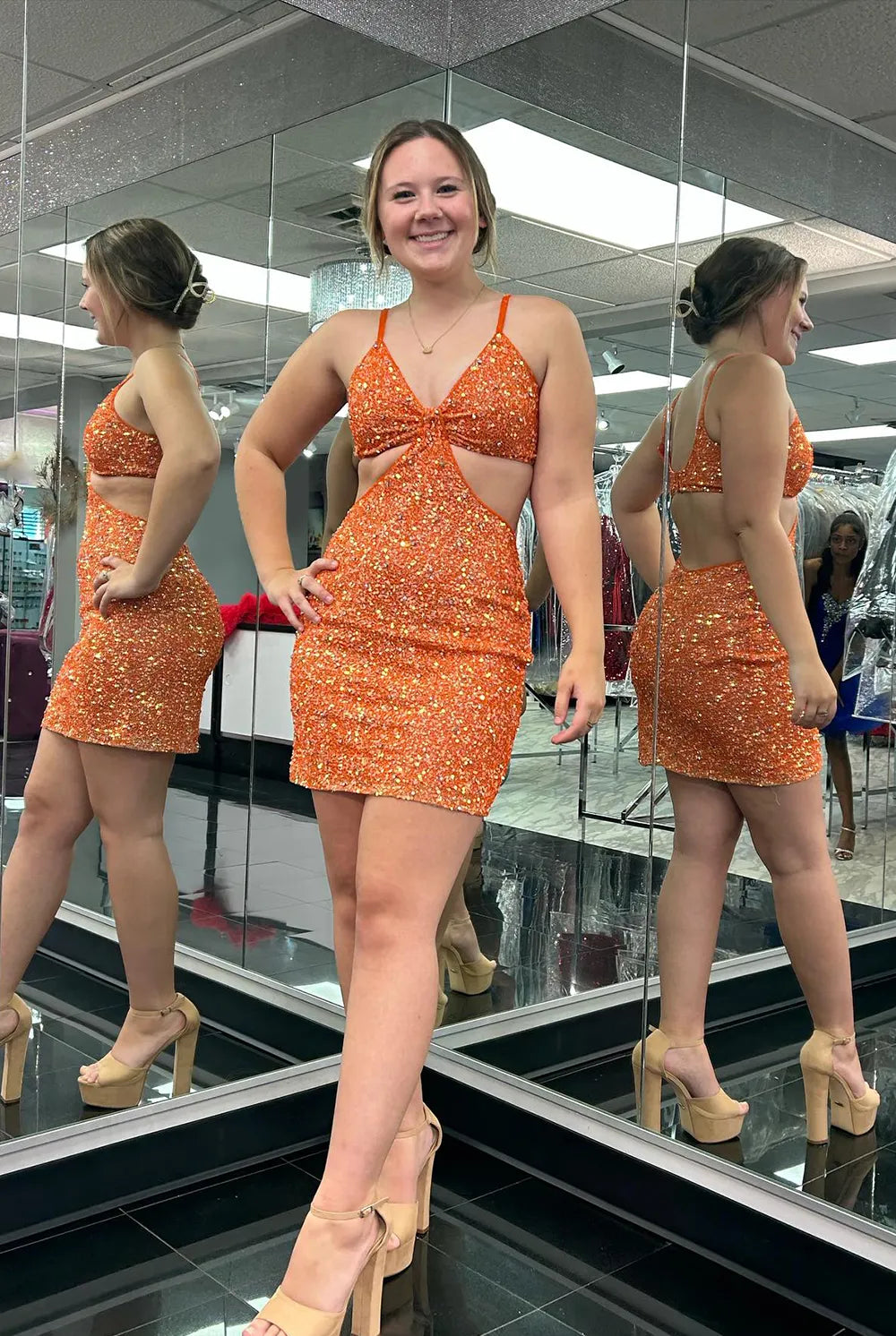 Orange Sequins V Neck Tight Short Homecoming Dresses - KissProm