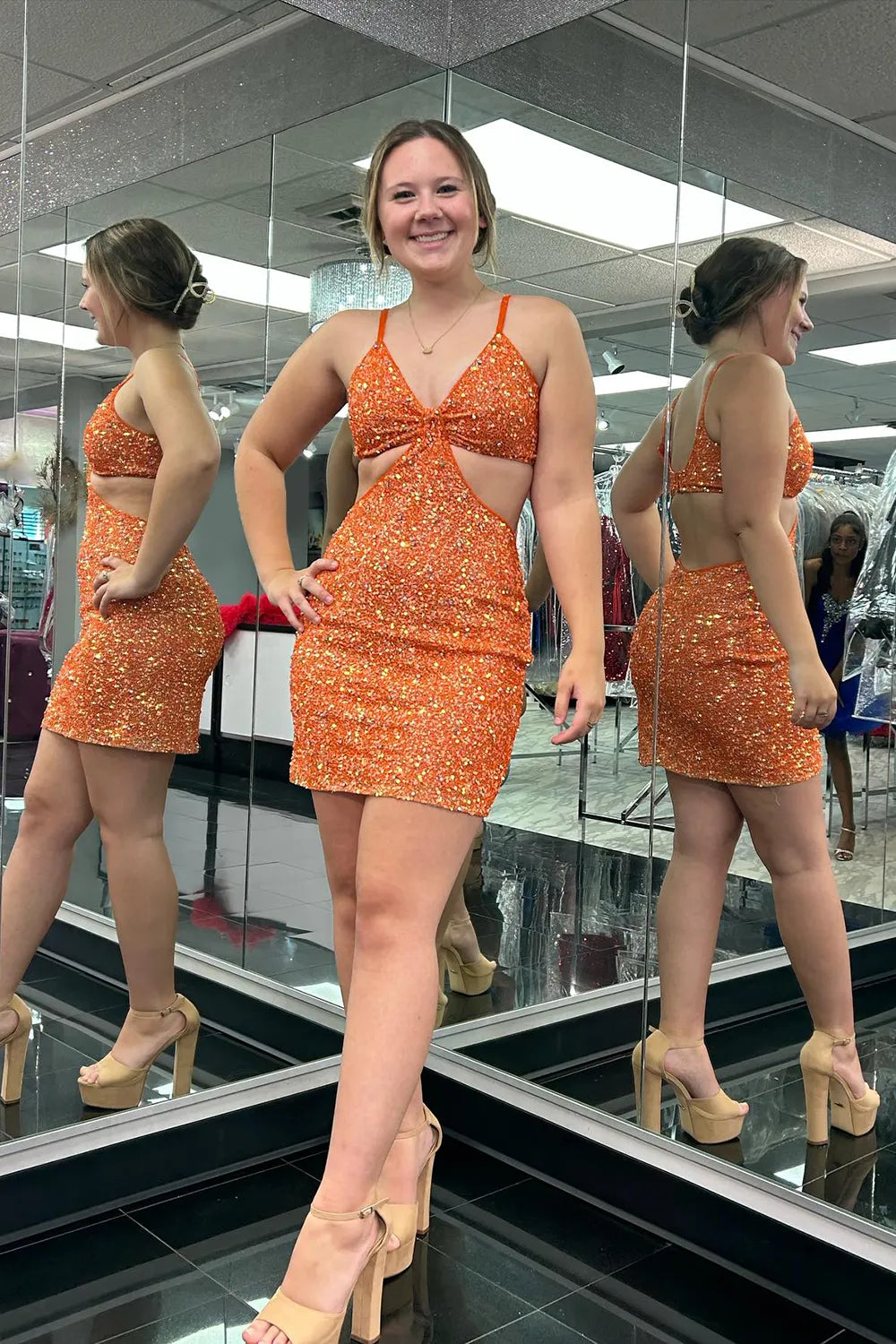 Orange Sequins V Neck Tight Short Homecoming Dresses - KissProm