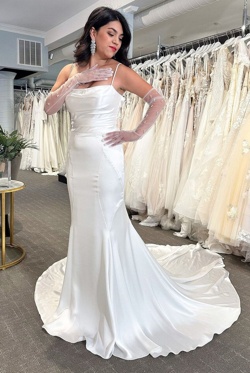 Mermaid White Cowl Neck Silk Satin Wedding Dresses