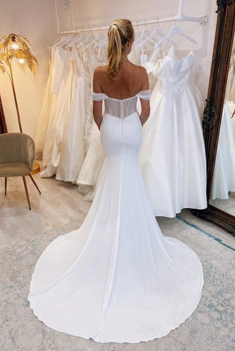 Charming Mermaid Off the Shoulder Satin Long Wedding Dresses with Sequins