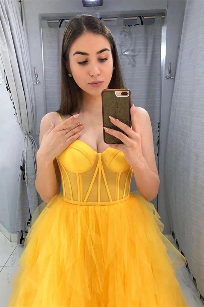 Vivian | Spaghetti Straps Yellow Tulle Long Formal Dress - KissProm
