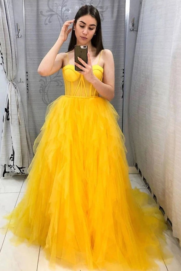 Vivian | Spaghetti Straps Yellow Tulle Long Formal Dress - KissProm