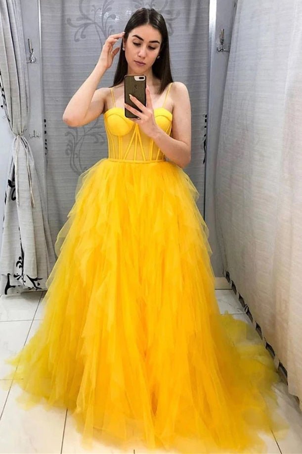 Vivian | Spaghetti Straps Yellow Tulle Long Formal Dress - KissProm