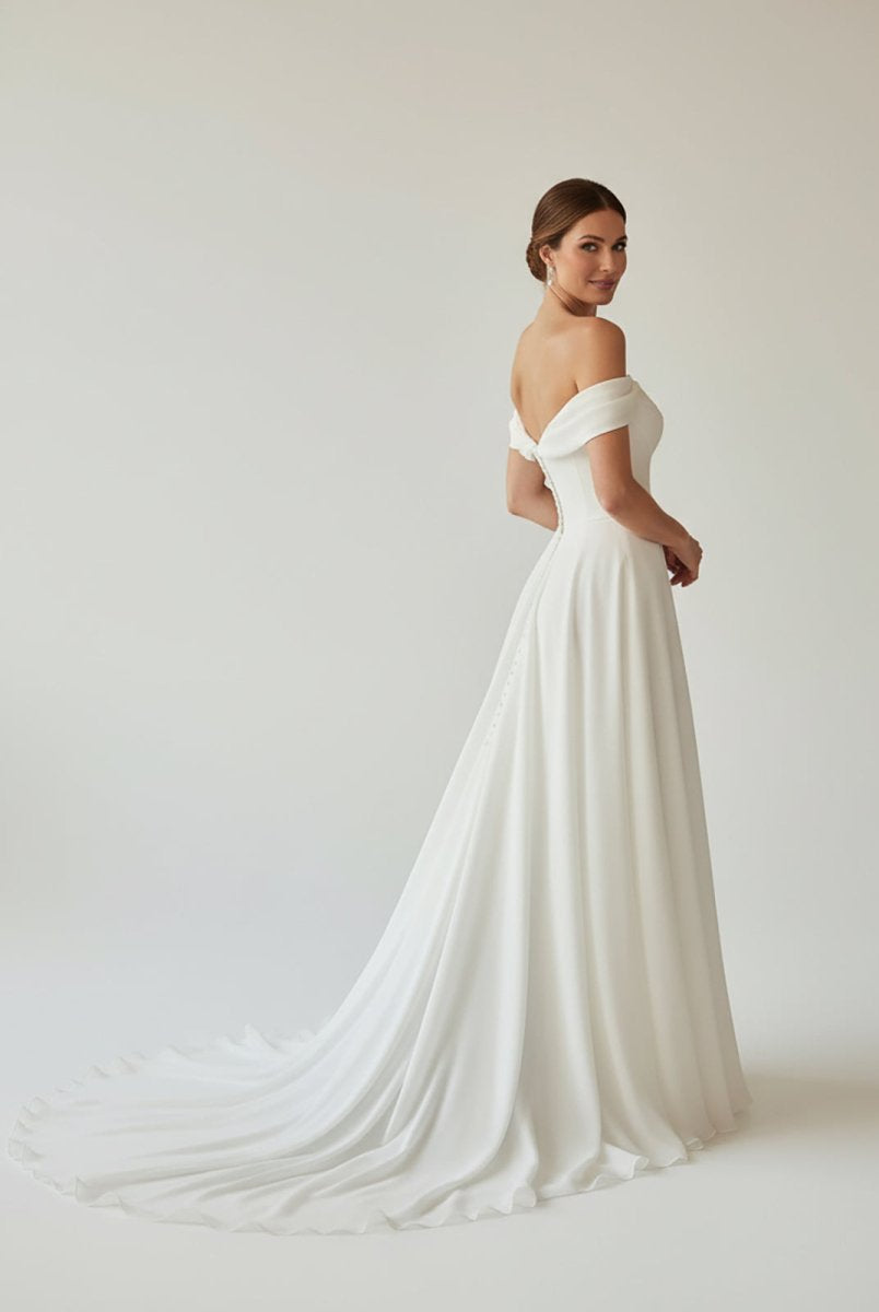 A - Line Chiffon Sleeveless Off - the - Shoulder Wedding Dress with Ruching Floor Length - KissProm