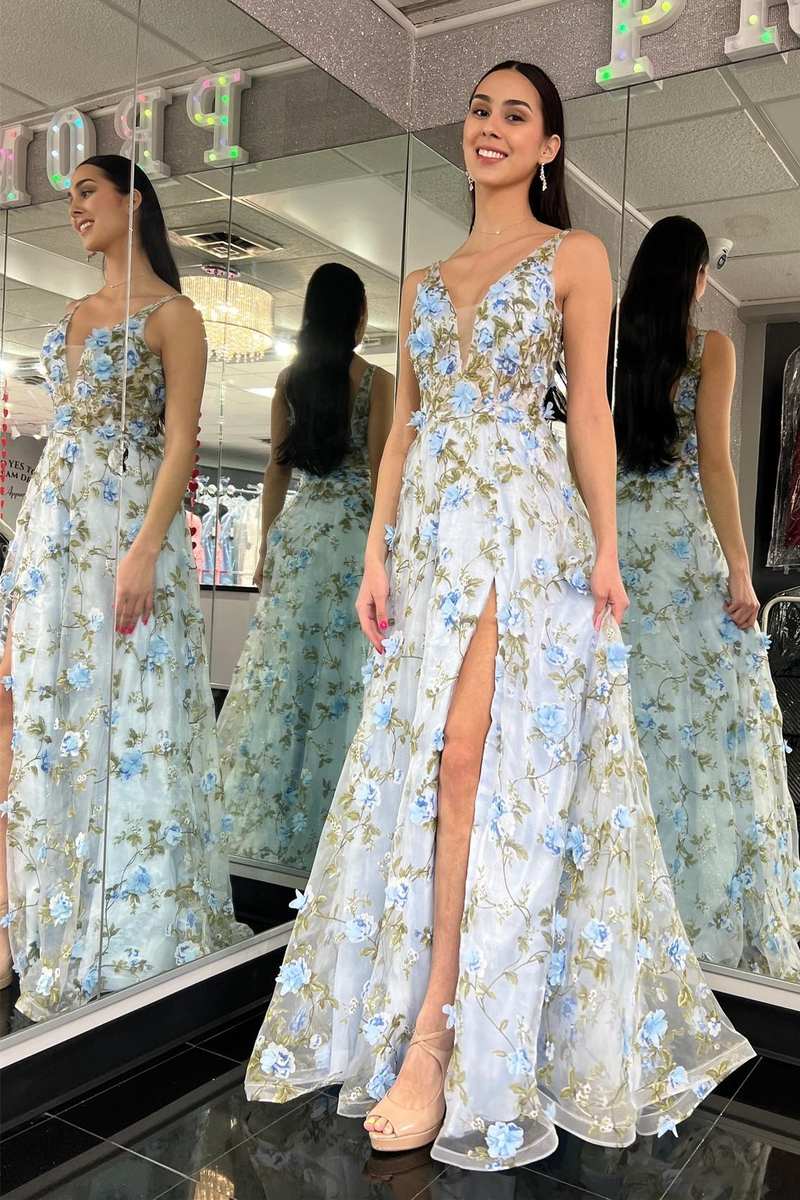 Light Blue Organza Plunge V A - Line Long Prom Dress with 3D Floral Lace - KissProm