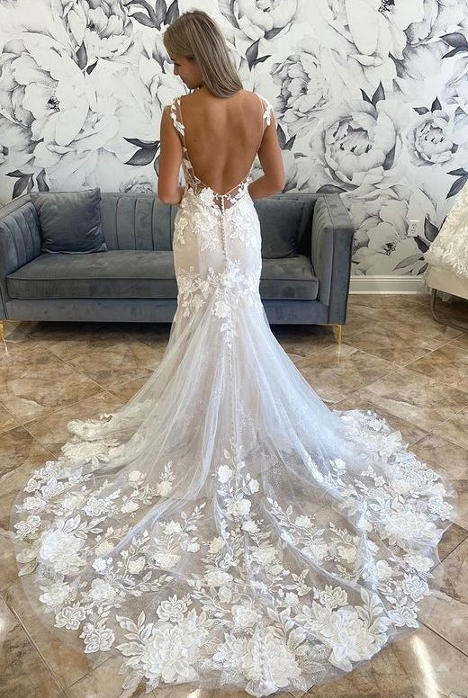 Marianna | White Illusion Neck Appliques Mermaid Long Wedding Dress - KissProm